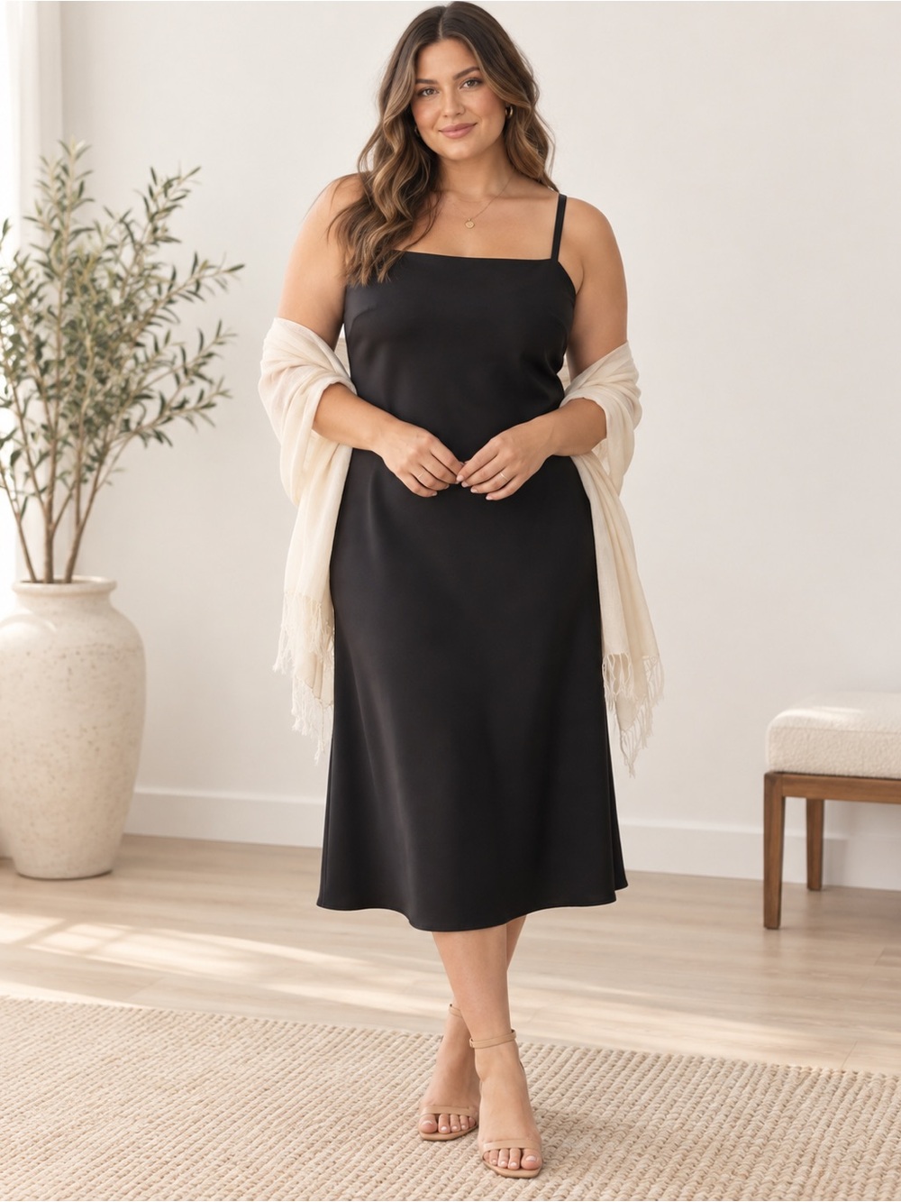 J.Crew Black Slip Dress Size 14 Square Neck Midi Minimalist Classic LBD